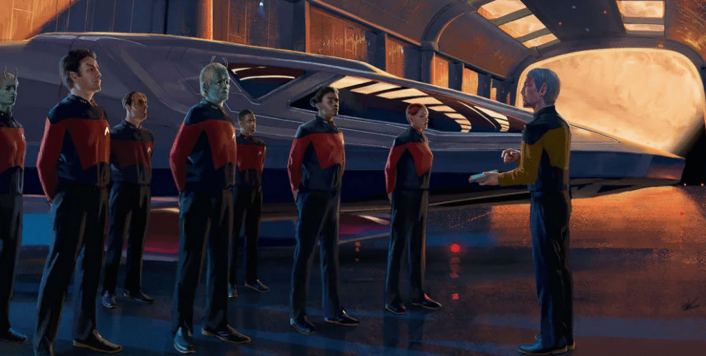 Starfleet OFficers gather on a hanger deck to be addressed by a senior officer. Art by Matheus Graef.